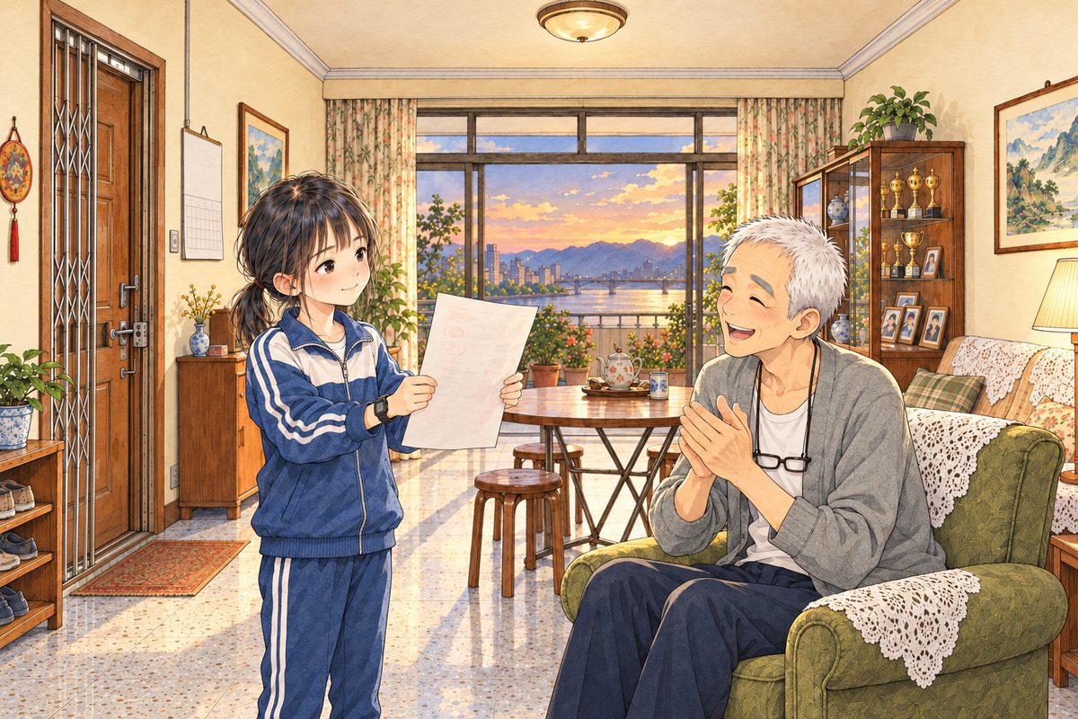 That evening, warm lamplight and the last dusk at the balcony doors. Xiaoyu, still in her school tracksuit, holds up her marked test paper in both hands towards Grandpa, its marked side FACING HIM, so we see only its plain back with faint red marks showing through. Grandpa, in his olive-green armchair on the right, glasses on the cord at his chest, leans forward and claps his big hands, laughing, proud. The plain wall above is the quiet area.