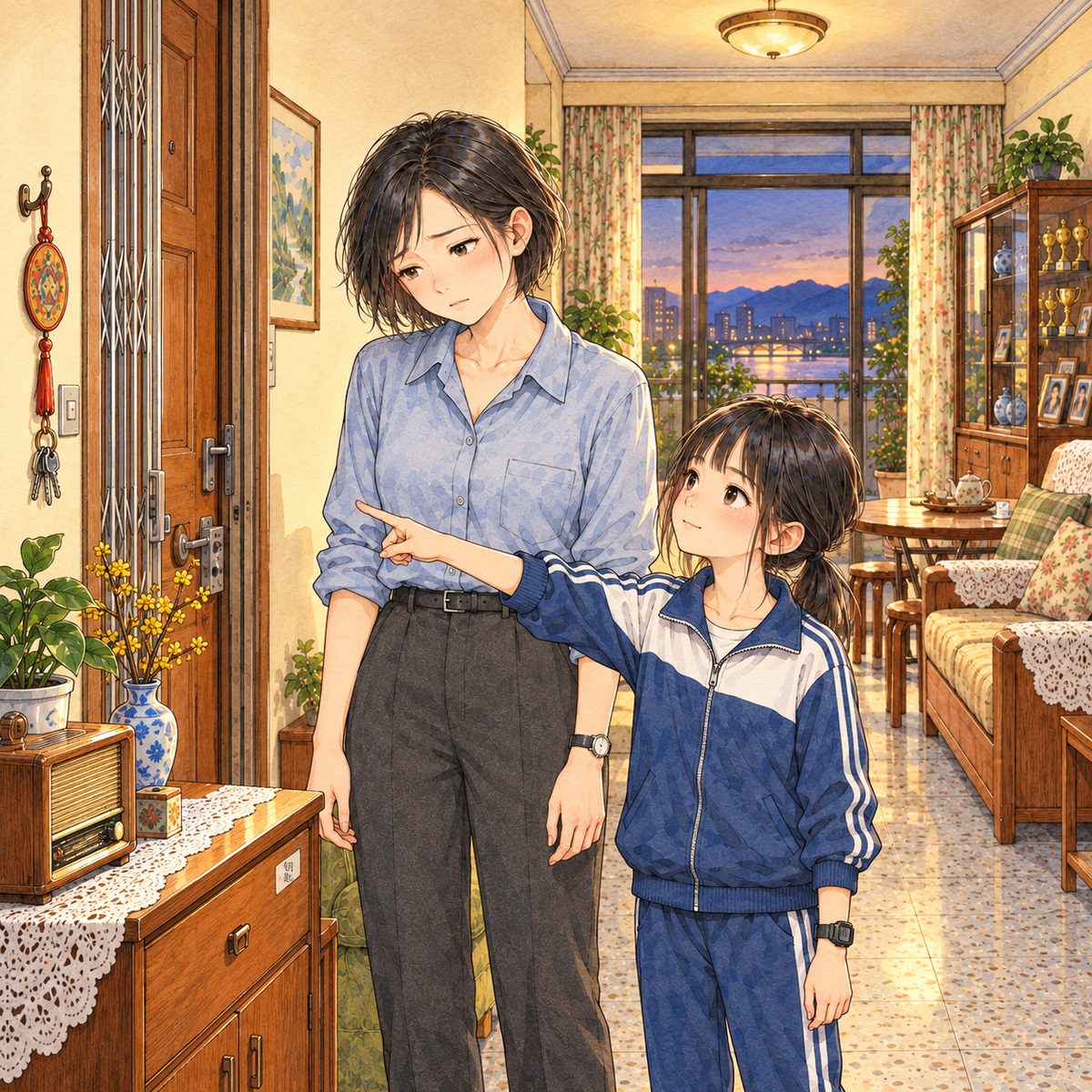 Evening (the same time as the panel before), lamplight. Mama stands at the low wooden cabinet looking at the white label on its top drawer (marker scribble, NOT readable), tired and thoughtful. Xiaoyu beside her on the right points to the old iron hook by the front door, where the ring of keys on its red string hangs, and looks up at Mama, gentle and sure. Plain wall above.