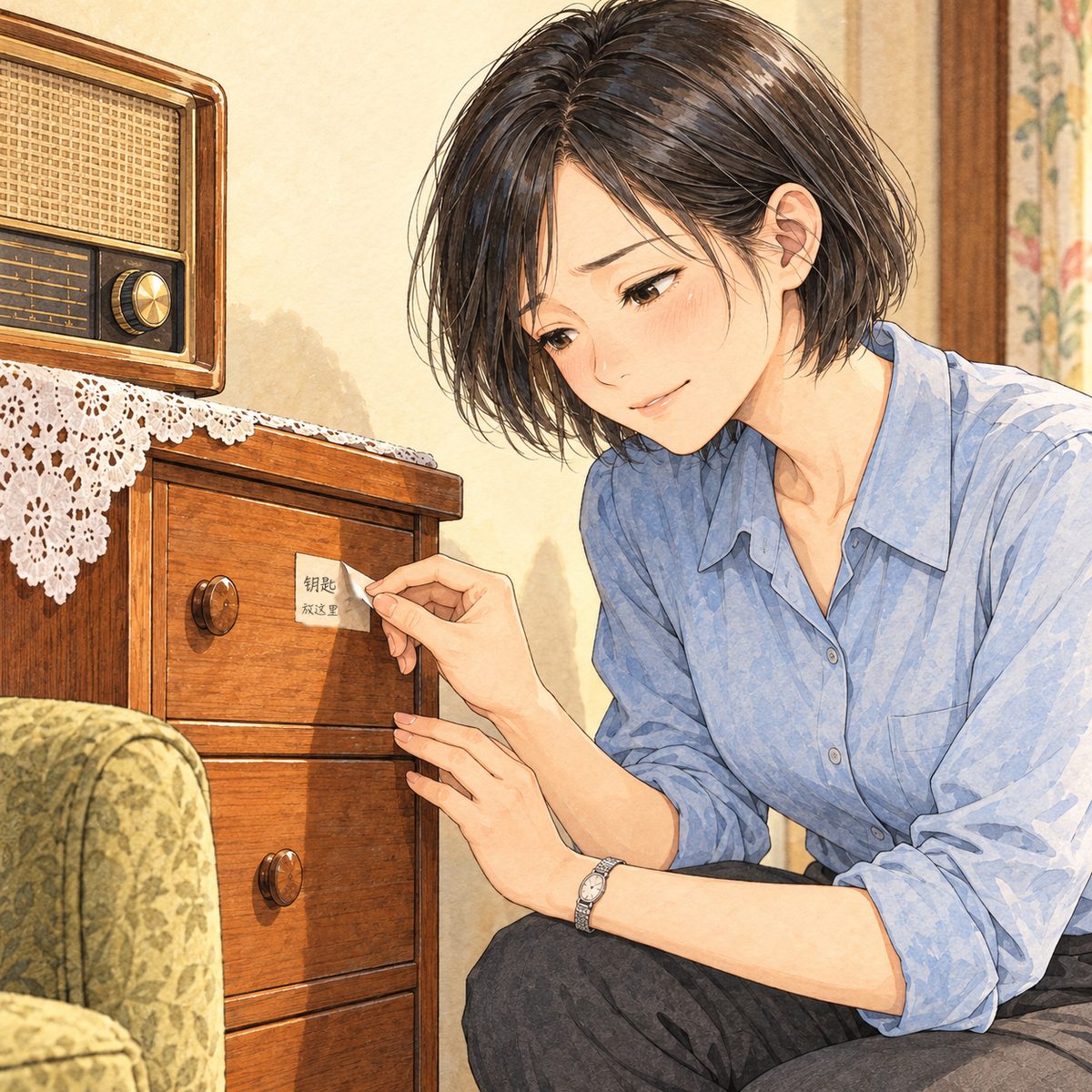 Evening (the same time as the panel before). Mama peels the white paper label off the top drawer of the low cabinet with her fingertips, slowly; a small, tired, real smile, the first in a long while. The label curls in her fingers, its marker scribble NOT readable. Plain wood and wall around.