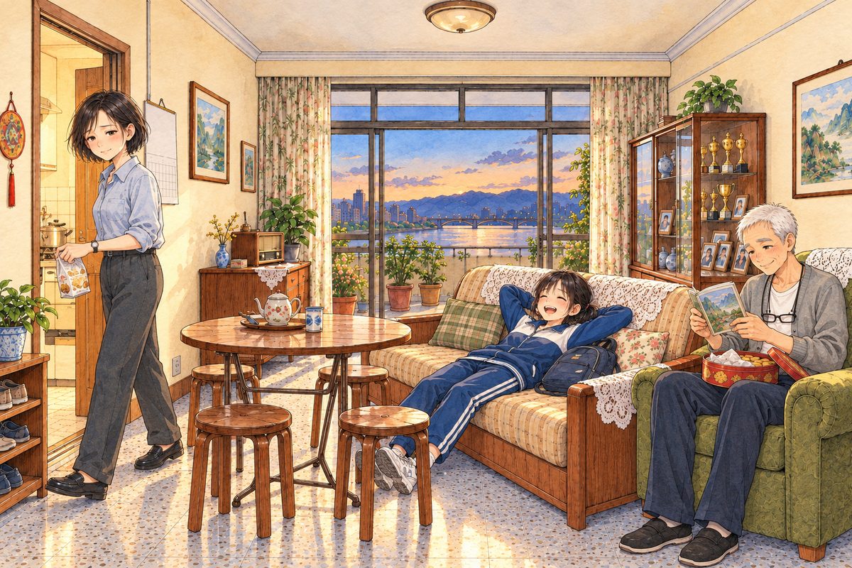 Evening (the same time as the panel before). Wide and calm. Mama walks off towards the kitchen doorway on the left to make tea, a crumpled label in one hand. Grandpa in his armchair on the right has the open biscuit tin on his knees and lifts out one small picture book, smiling to himself. Xiaoyu, in her school tracksuit, flops down on the sofa in the middle, happy and tired. The labels are gone from every drawer in sight. The plain wall above is the quiet area.