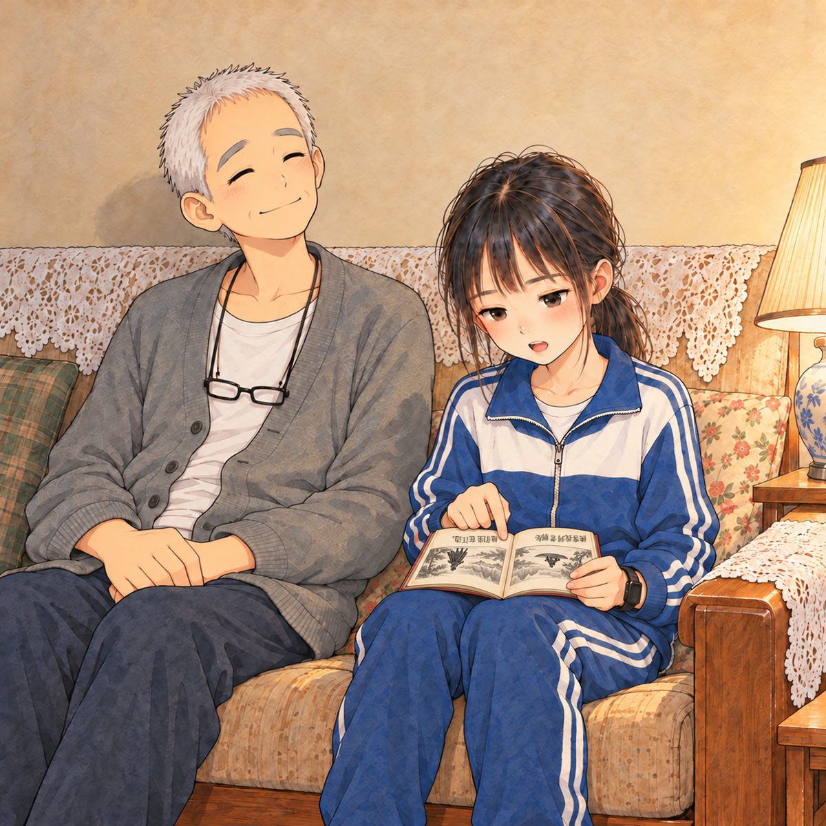 Night, one warm lamp. This time XIAOYU holds the little picture book open in her lap, its pages FACING HER, her finger under a line, reading aloud. Grandpa sits close beside her on the left, his glasses back on the cord at his chest, his head tipped back against the lace sofa cover, eyes half closed, listening, peaceful and happy, like a man being read to. The plain wall above them is the quiet area.