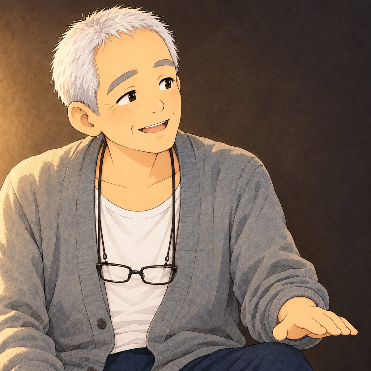 Night (the same time as the panel before), lamplight on one side of his face. Grandpa, eyes half closed, smiles a warm, far-away, fatherly smile, and pats the air beside him as if patting a small child's knee; he speaks softly, looking RIGHT towards Xiaoyu off panel but seeing someone else. Glasses on the cord at his chest. Plain dark wall behind.