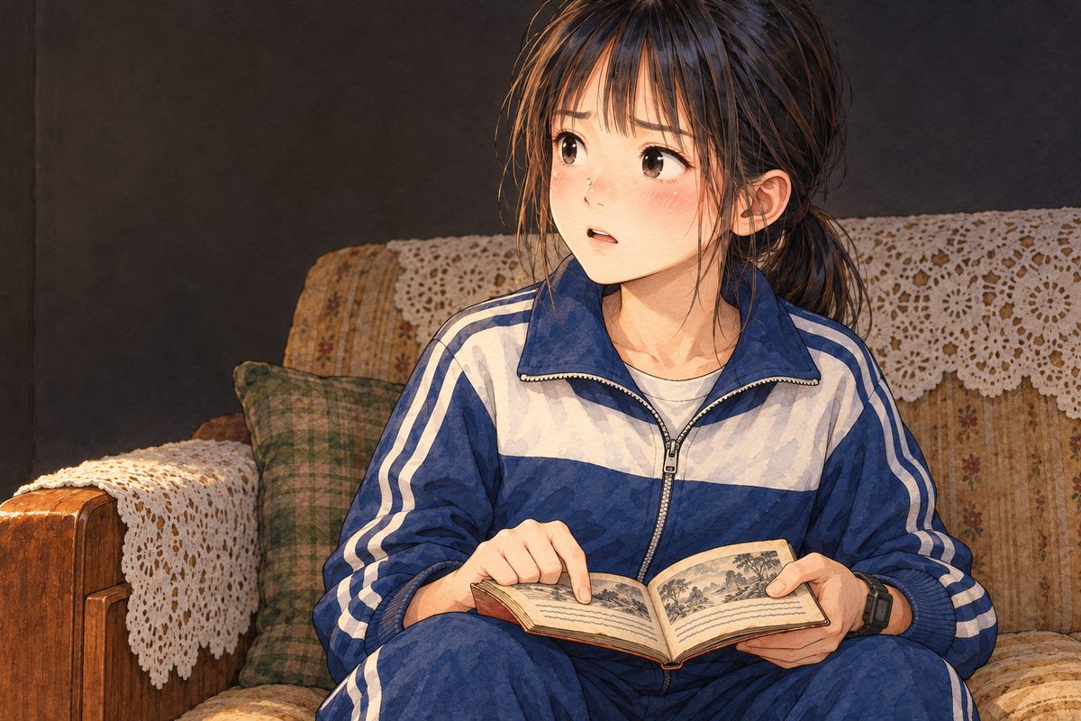 Night (the same time as the panel before). Xiaoyu has stopped reading mid-line, her finger still on the page; she slowly turns her head to the LEFT to look at Grandpa off panel, eyes wide, her mouth a little open, shock, tenderness and hurt at once. The little book lies open in her lap, its pages facing her. Plain dark wall behind.