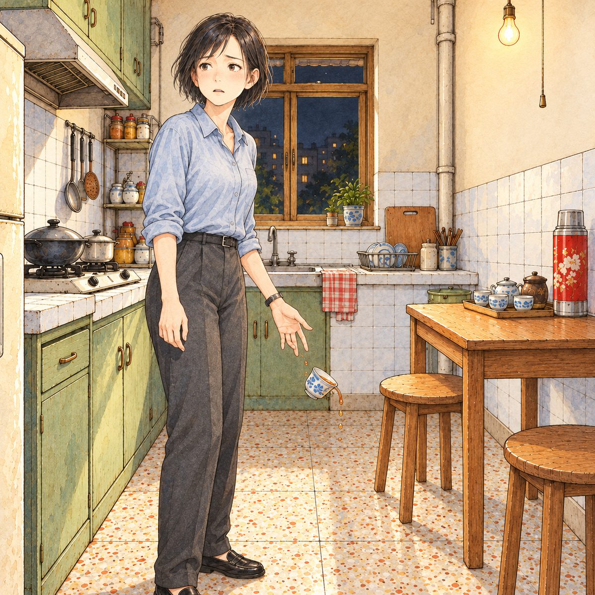 Night (the same time as the panel before), the kitchen lit by its bare bulb. Mama stands at the counter, turned towards the living-room doorway on the LEFT, listening; her face has gone white and still. A small blue-and-white tea cup has just slipped from her fingers and falls towards the cream terrazzo floor, a little tea flying out of it, caught in mid-air. Her empty hand is still open where the cup was. Plain white tiles behind.