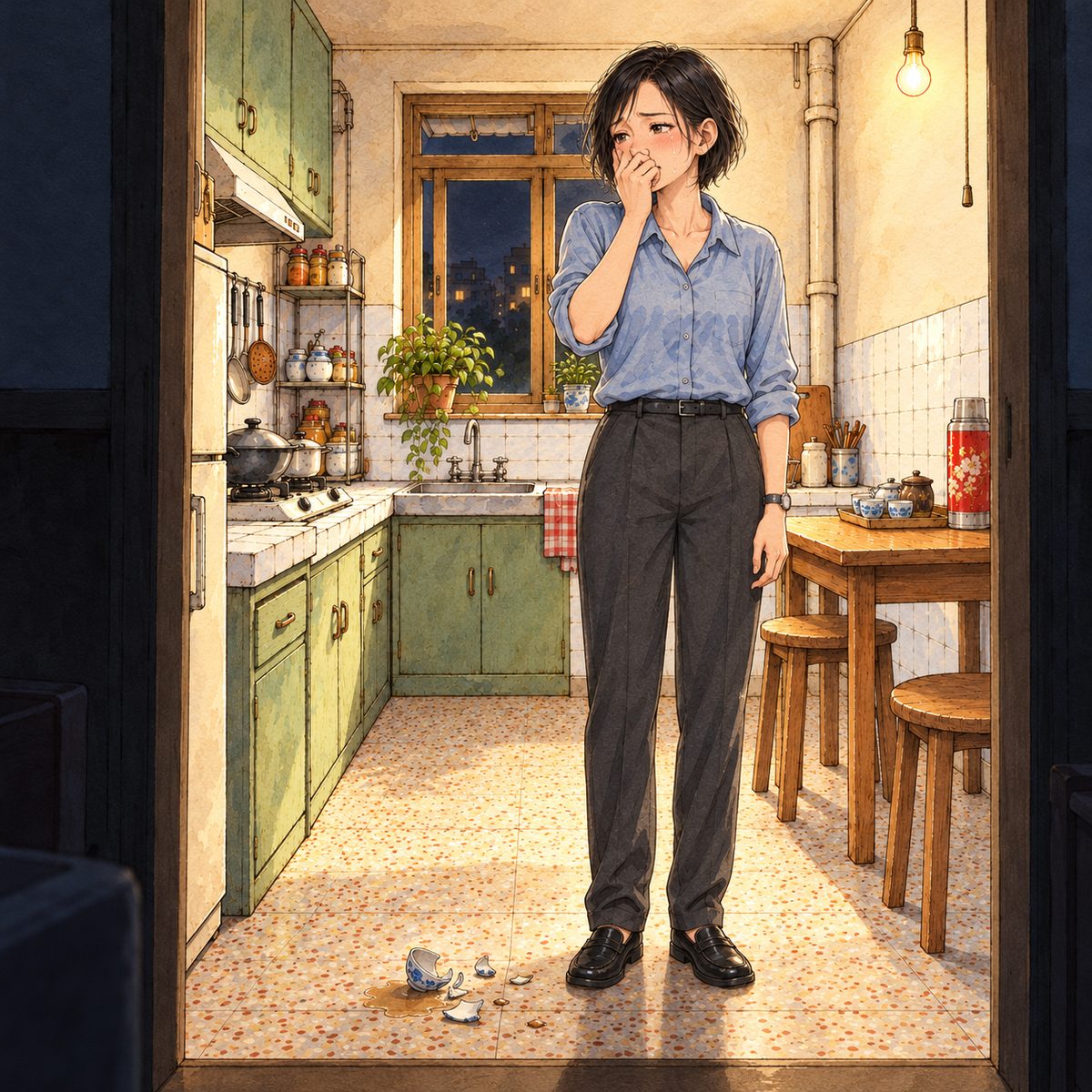 Night (the same time as the panel before). Mama stands in the kitchen doorway, one hand pressed over her mouth, eyes full of tears, looking LEFT across the dark living room towards the sofa off panel. At her feet on the terrazzo floor lie the pieces of the small blue-and-white cup in a little spill of tea. The bright kitchen behind her; the dark doorway frame around her is the quiet area.