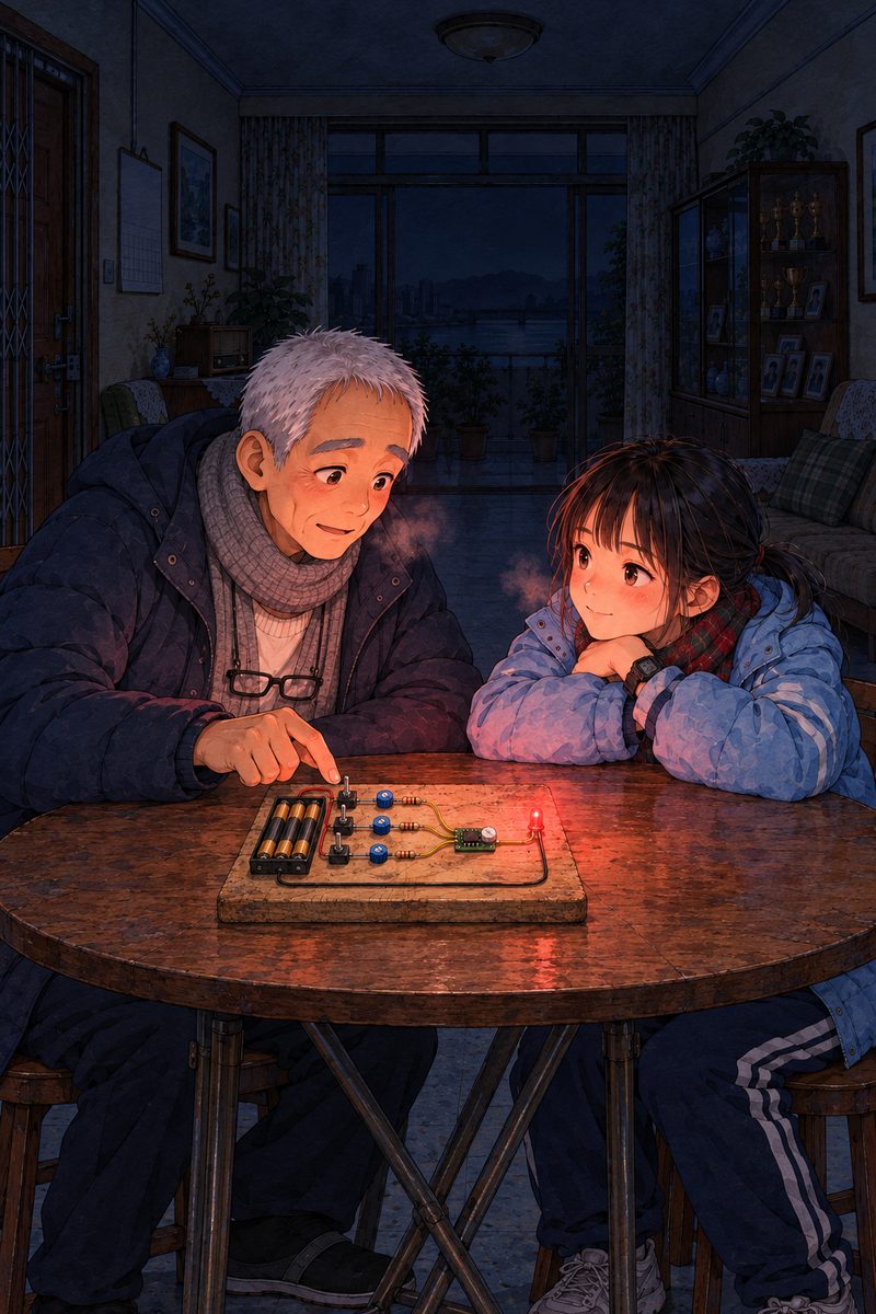 Winter night in Grandpa's living room during a power cut. The room is dark: the ONLY light is one small red LED glowing on the home-made neuron board on the round table, lighting the two faces from below in soft red. Grandpa (left) and Xiaoyu (right) sit at the round table FACING EACH OTHER across the board, both in their winter coats indoors, their breath faintly white in the cold. Grandpa's big forefinger rests on one of the three black toggle switches, just having flicked it up; he looks at the little red light with quiet, childlike wonder. Xiaoyu leans in with her chin on her folded arms on the table and watches HIS face, NOT the light, tender and relieved. The board is drawn exactly as its sheet: battery box on the left, three switches, the little chip in the middle, the red LED on the right. Glasses on the cord at his chest. Everything beyond the red glow falls into deep blue-black dark; the dark upper third is the quiet area for the title. No other light anywhere: no lamp, no window light, no candle.