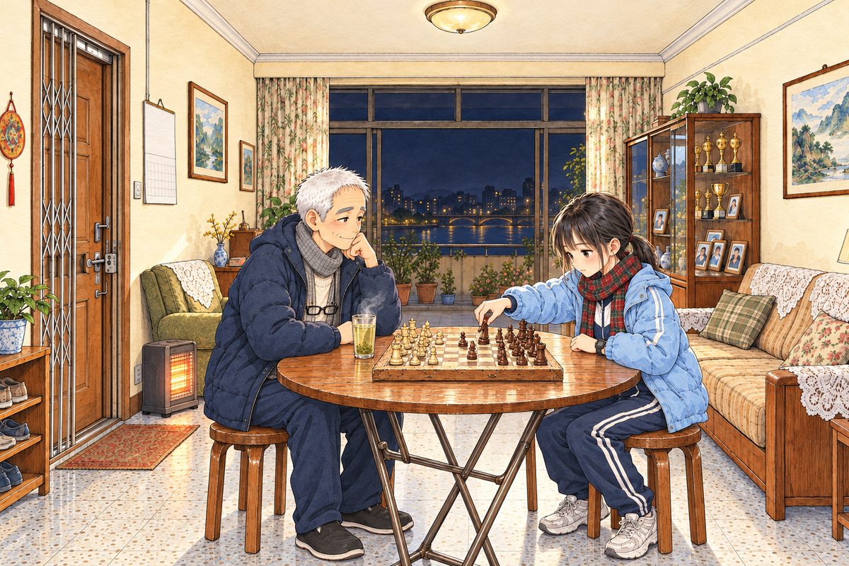 Early evening in winter, BEFORE the power cut: the ceiling lamp is on and a small electric heater by the armchair glows orange; the balcony glass doors are black with night. Grandpa (left) and Xiaoyu (right) play chess at the round folding table, sitting FACING EACH OTHER across the Western 8 by 8 board, each one's own pieces nearest them (Grandpa's cream pieces on his side, her dark brown pieces on hers), every piece on its square. Both wear their padded winter coats indoors, as people do in old Bridge City flats; his grey cardigan shows at the open front of his coat. Xiaoyu reaches for a piece, Grandpa watches her hand with a sly smile. Grandpa's tall glass of pale green tea stands on the table, steaming. The plain wall above is the quiet area. Only these two.