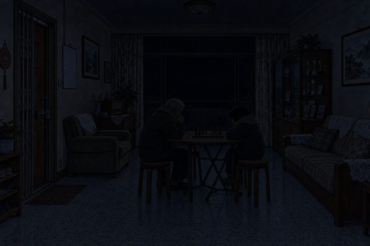 The same room, the same evening, a second later: the power has gone. Almost black: deep blue-black darkness with only the faintest grey edges of the round table, the chessboard and two still figures, NO light source anywhere (the ceiling lamp off, the heater dark with no glow, the balcony doors black). A manga black panel; the middle is the quiet area for the sound.