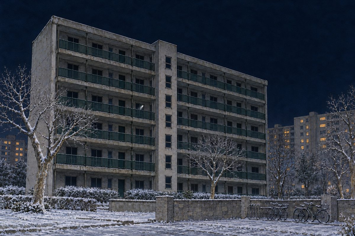 Winter night outside Grandpa's old six-storey tower block: EVERY window in the block is black, not one lit; bare trees in the frosty yard, a row of parked bicycles. Far behind it, the other blocks of Bridge City still have warm lit windows, so the dead block stands out. On the fourth floor one small white torch beam moves behind a window. The dark sky above is the quiet area.