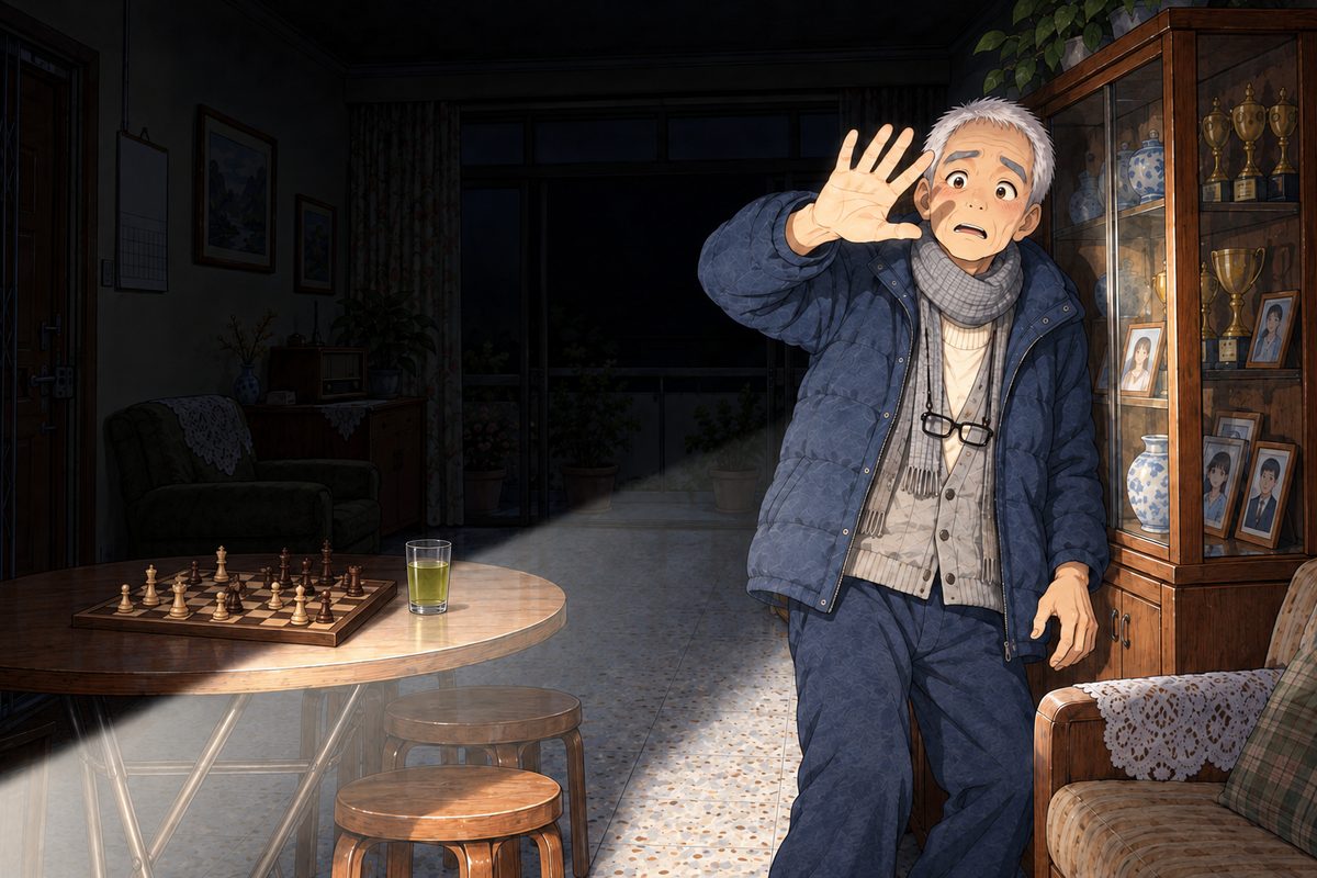 Night, POWER CUT: the only light is the white beam of Xiaoyu's phone torch (her hand is off panel at the bottom left), which falls on Grandpa. He stands pressed with his back against the glass cabinet on the right, in his padded coat, one big hand raised against the glare, eyes wide, frightened and lost: he does not know the room or her. Glasses on the cord at his chest. Everything outside the beam is black; the dark above him is the quiet area. Only Grandpa.