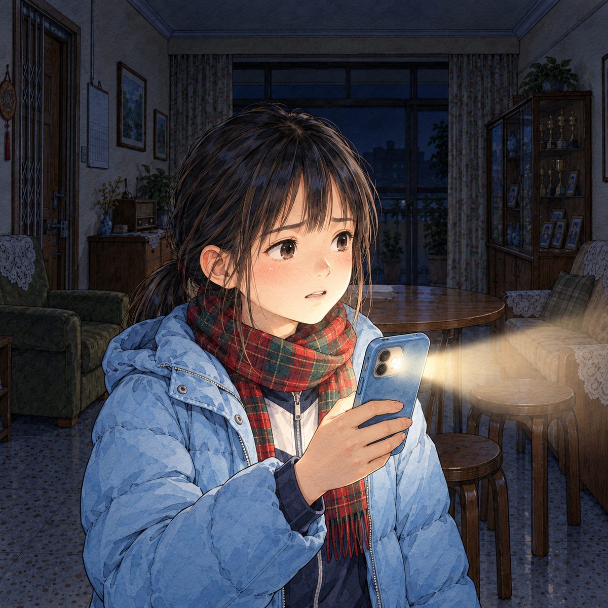 Night, POWER CUT: the only light is her own phone. Xiaoyu holds her phone the ordinary way in her right hand at chest height, her thumb on the screen; the torch on its back shines forward to the RIGHT of the picture, towards Grandpa off panel, and the screen's faint glow lights her chin. She looks right, towards him, scared but making her voice calm and slow. Her face in the middle of the panel, NOT in the top quarter. The dark behind her is the quiet area.