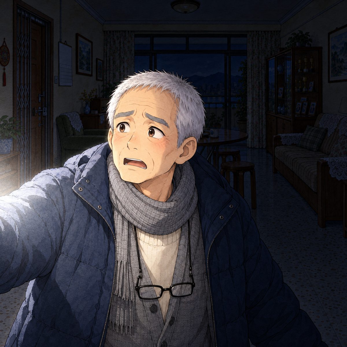Night, POWER CUT: the only light is the white phone-torch beam coming from the LEFT. Grandpa squints into it and looks past it to the left, not finding her face: frightened, calling for someone who is not there. Glasses on the cord at his chest. His face in the middle of the panel, NOT in the top quarter. Black dark around him, the quiet area.