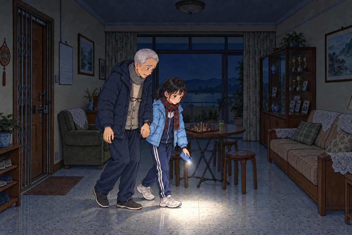 Night, POWER CUT: the only light is Xiaoyu's phone torch, pointed down at the floor just ahead of their feet, a small white circle on the terrazzo. Xiaoyu walks Grandpa slowly towards his armchair at the right: her left hand holds his big hand, her right hand holds the phone low; her black watch on her LEFT wrist. Grandpa shuffles beside her, a little bent, trusting her but still afraid, his eyes on the circle of light. She reaches his chest. The dark room above them is the quiet area.