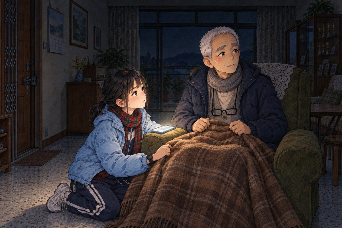 Night, POWER CUT: the only light is the glow of Xiaoyu's phone, lying face up on the arm of the armchair; its torch is off. Grandpa sits in his armchair (right) wrapped in a brown wool blanket over his coat, his hands holding the blanket's edge, still uneasy, looking at the dark. Xiaoyu kneels on the floor beside the chair (left), tucking the blanket round his knees, looking up at his face, worried and determined. Her watch on her LEFT wrist. The dark wall above is the quiet area.