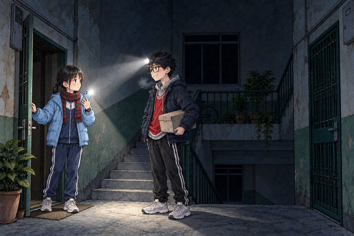 Night, POWER CUT: the stairwell is pitch dark; the only lights are two torch beams. Xiaoyu has opened Grandpa's front door on the LEFT, her phone torch in her hand; on the landing stands Haoran, wearing a head torch on an elastic band round his head whose white beam shines at her, a battered shoebox held under one arm; one wired earbud in his LEFT ear. His breath shows white in the cold. He grins, pleased with himself. The high window is black. The dark stairwell above is the quiet area. No other people.