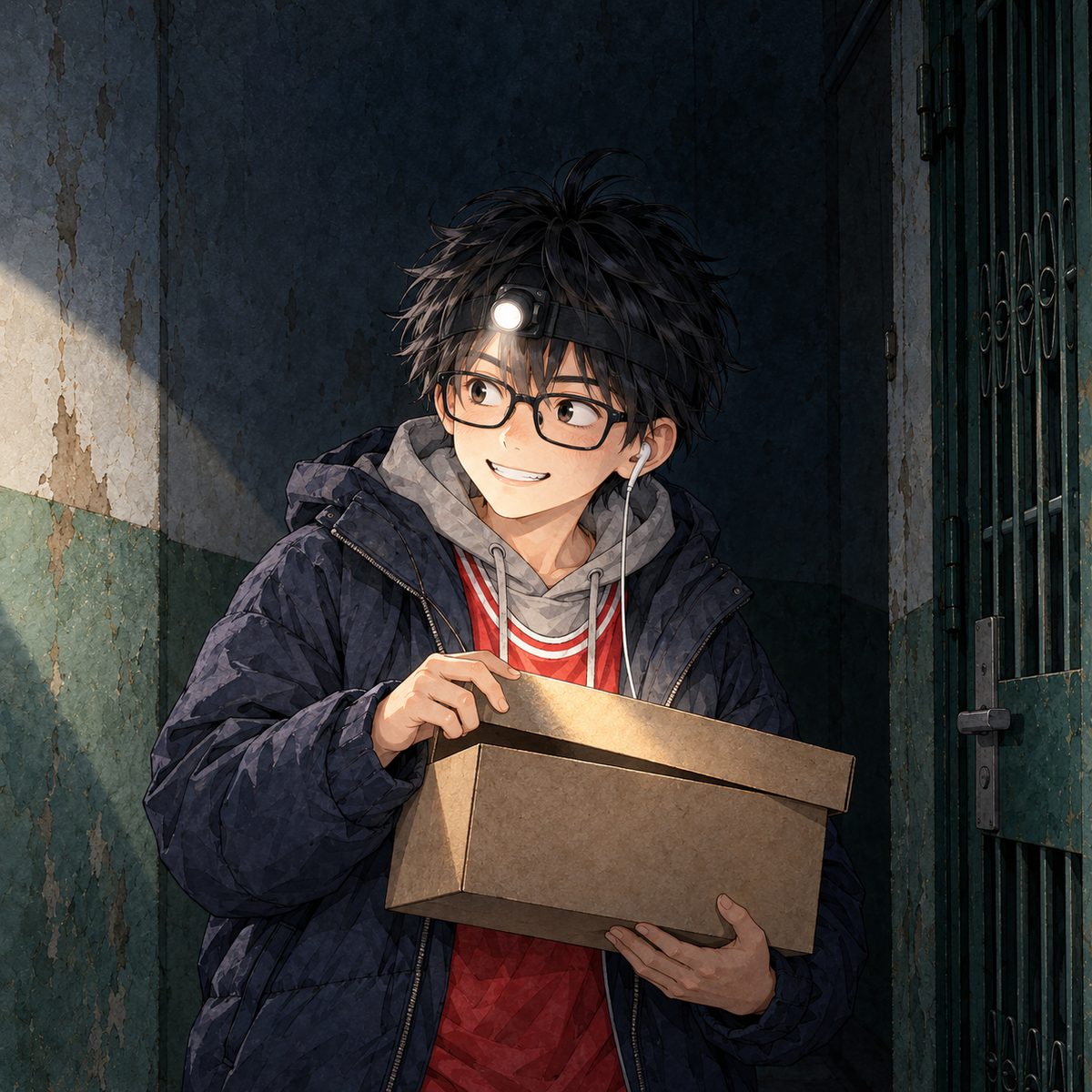 Night, POWER CUT: the only light is Xiaoyu's phone torch from the LEFT on his face, and his own head torch shining down into the shoebox. Haoran lifts the shoebox lid a little, looking at her to the LEFT with an eager, secret-sharing grin; we cannot see inside the box. His face in the middle of the panel, NOT in the top quarter. Dark behind him.