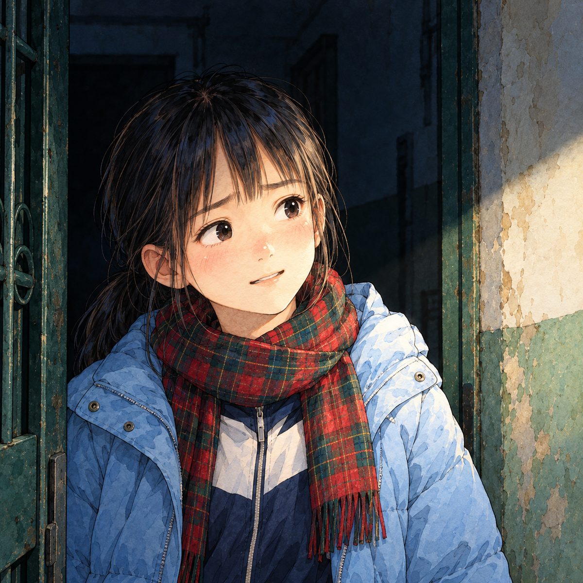 Night, POWER CUT: the only light is Haoran's head-torch beam from the RIGHT. Xiaoyu looks right at him, doubtful and hoping: brows up, half a smile. Her face in the middle of the panel, NOT in the top quarter. The dark hallway behind her.