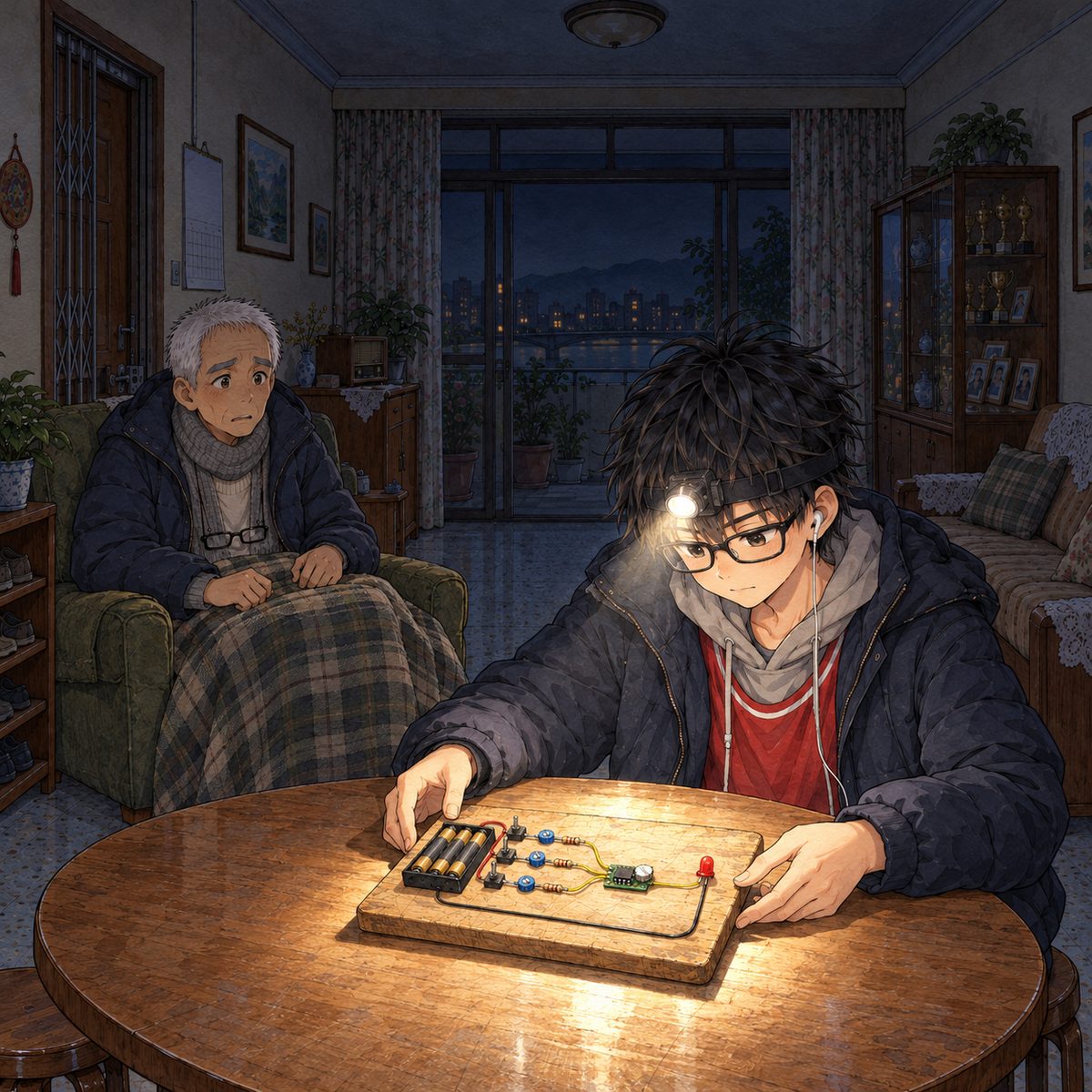 Night, POWER CUT: the only light is Haoran's head torch, pointed down at the round folding table. Haoran sets the board on the table: an old wooden chopping board with a battery box, three black switches, a little chip and one red LED, exactly as its sheet; the LED is OFF, a clear dull red dome with NO glow. Behind him at the left, in the dim edge of the light, Grandpa in his armchair under the blanket watches warily. The dark room above is the quiet area.