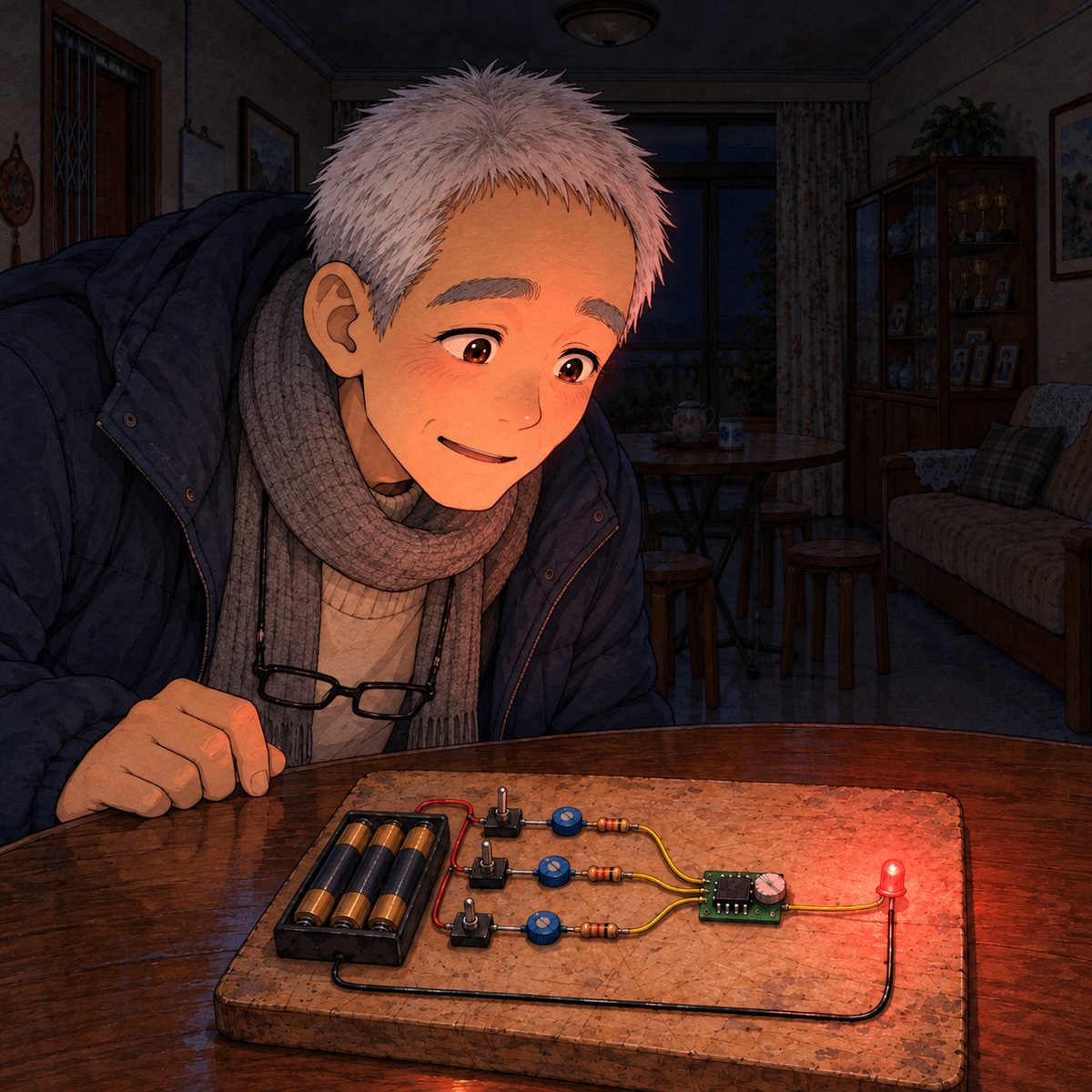 Night, POWER CUT: the head torch is off now; the ONLY light is the small red LED on the board, which has just come on, glowing like a red bead. Its soft red light falls on Grandpa's face as he leans forward from the left out of the dark towards it; the fear is going out of his face, replaced by wonder. One switch on the board is up. The rest is black and quiet.