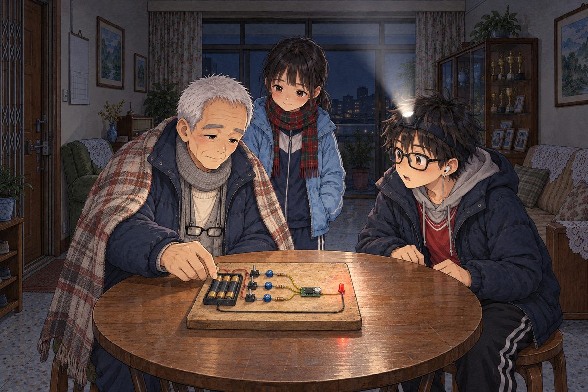 Night, POWER CUT: the only light is Haoran's head torch, which he has turned to point up at the ceiling so a soft dim white light spreads over the table, plus the red LED. Grandpa has moved to the round table and sits on the left, coat on, blanket over his shoulders; without seeming to think, his big fingers press the loose battery clip back onto the battery box, neat and sure. Haoran (right) blinks at that. Xiaoyu stands between them at the back. The board in the middle, exactly as its sheet. The dark wall above is the quiet area.