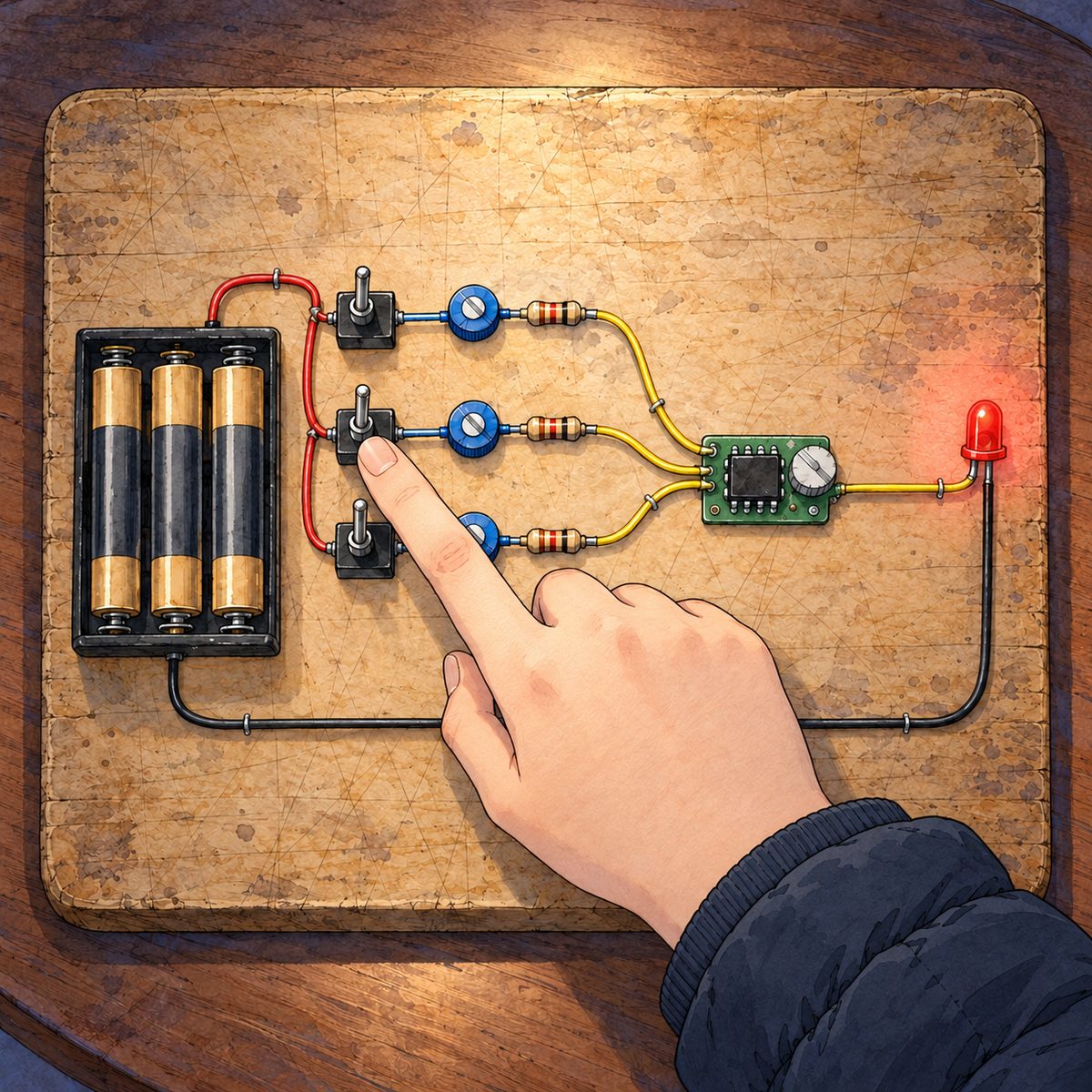 Night, POWER CUT: lit by Haoran's head torch from above and by the red LED. Seen from above, the board fills the panel: on the left the black battery box with three AA batteries, a red wire to a column of THREE black toggle switches, each switch's wire running through its own small blue knob, all three meeting at the little black chip on its green board in the middle, a white knob beside the chip, a wire to the red LED on the right, and a black wire back along the bottom to the battery. Haoran's forefinger (only his hand, from the RIGHT edge) touches the three switches. No writing anywhere.