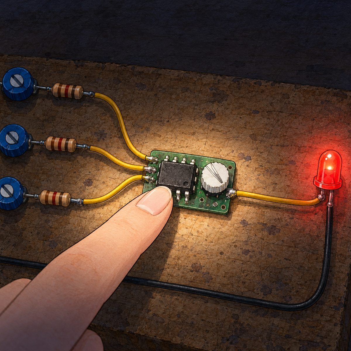 Night, POWER CUT: lit by the head torch and the glowing red LED. Close on the little black chip with eight metal legs on its small green board, and the white knob beside it; Haoran's fingertip points at the chip. The three wires from the blue knobs come in from the left, one wire goes out to the glowing red LED on the right edge. Plain dark wood around it.