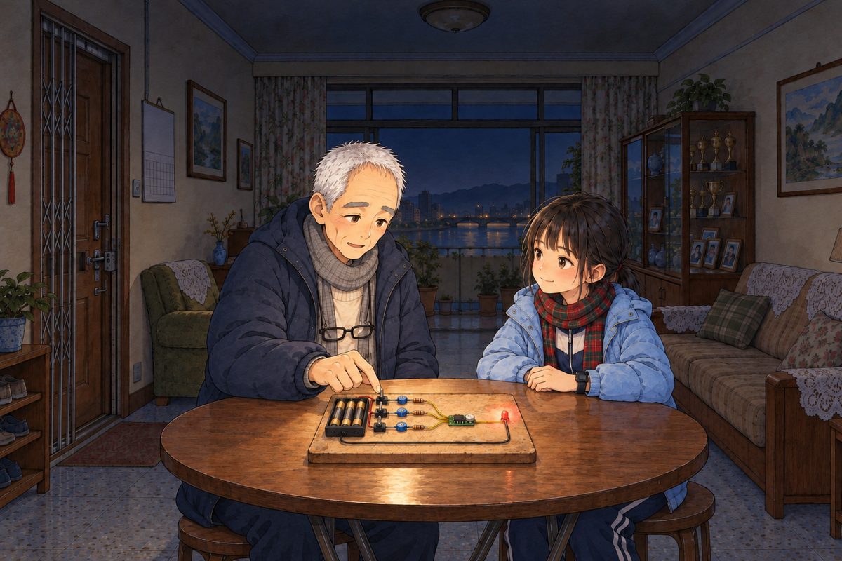 Night, POWER CUT: the only light is the head torch's glow off the ceiling and the red LED. Grandpa touches one of the switches with one fingertip, gingerly, curious now, like a child with a new toy; Xiaoyu watches his face, the first small relief in hers. The board between them. The dark above them is the quiet area.