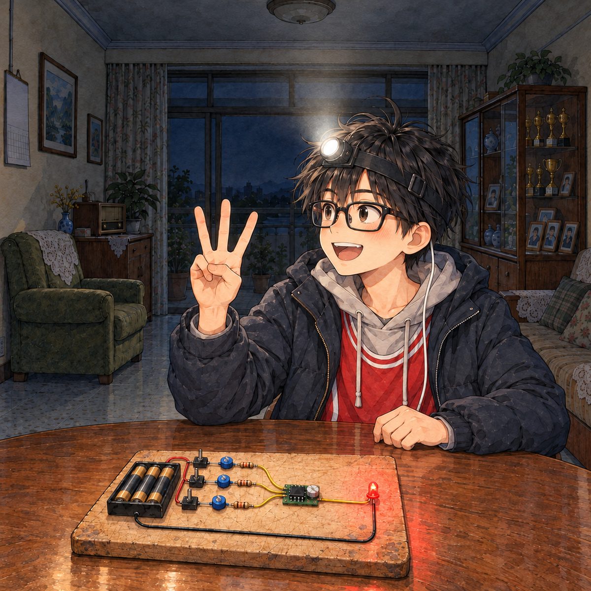 Night, POWER CUT: lit from below by the red LED and by his head torch's glow off the ceiling. Haoran, seated on the right of the table, holds up three fingers, looking LEFT at the other two off panel, grinning, a game-show host. The board's edge in the foreground. Dark behind him.