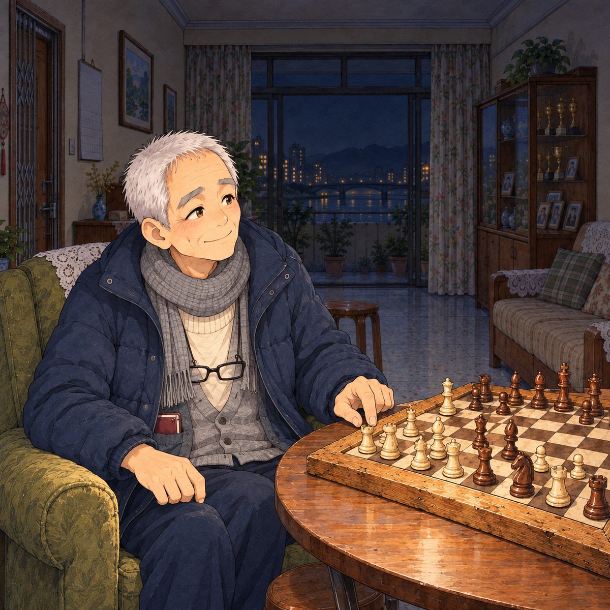Night, POWER CUT: the same light. Grandpa, seated on the left, looks RIGHT towards Haoran with a sly smile and taps the edge of the chessboard (the game from before the power cut, pieces still on their squares) at his elbow. Dark behind him.
