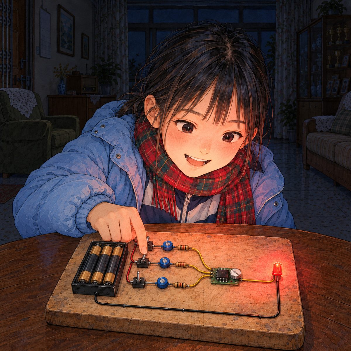 Night, POWER CUT: Xiaoyu's finger flicks the second switch up and the red LED blazes on, the brightest thing in the panel, lighting her face from below; she smiles, quick and bright. Her watch on her LEFT wrist. Dark around.