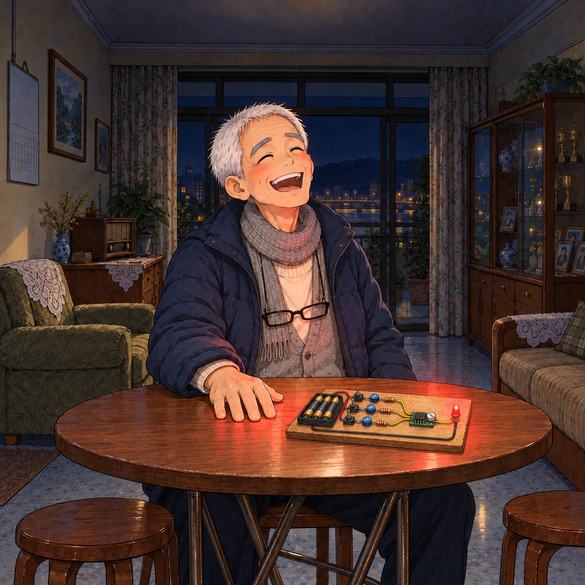 Night, POWER CUT: the red glow on his face and the head torch's soft light from the ceiling. Grandpa laughs out loud, head back, slapping the table with one big hand, the fear gone for now. Dark behind him.