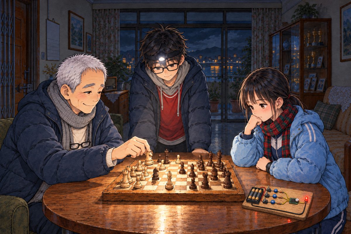 Night, POWER CUT: Haoran's head torch, pointed at the chessboard, makes a pool of white light; the red LED glows on the board pushed to the table's side. Grandpa (left) and Xiaoyu (right) play chess FACING EACH OTHER across the Western 8 by 8 board, each one's own pieces nearest them, every piece on a square. Haoran stands behind the table between them, bending his head to aim the torch at the board. Grandpa, mid-move, wears a sly grin. The dark above is the quiet area.