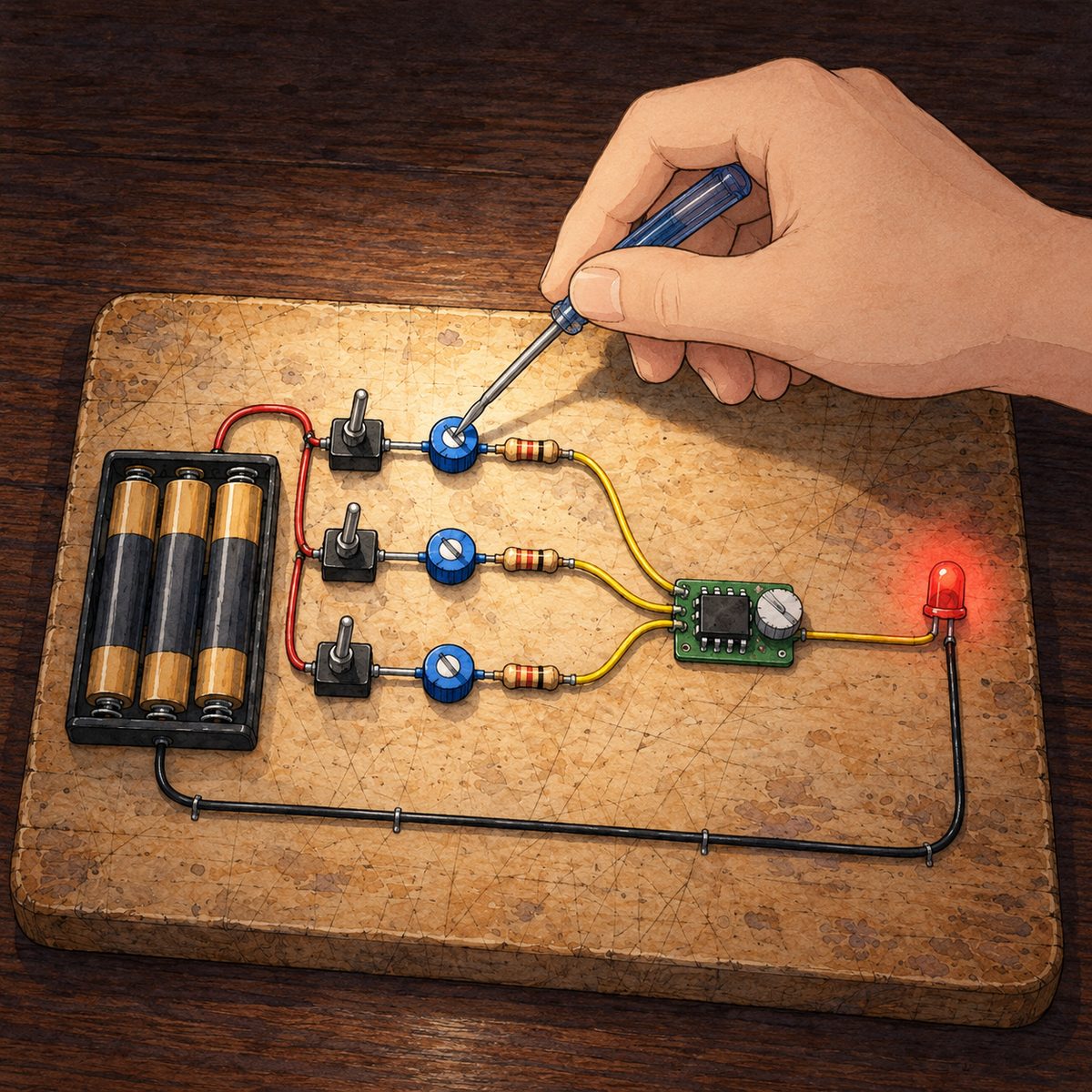 Night, POWER CUT: lit by the head torch from above and the red LED. Haoran's hand (only his hand, from the RIGHT edge) turns the small blue knob beside the TOP switch with a tiny screwdriver, held between thumb and fingers like a pencil. The other two blue knobs untouched. Plain dark wood around.
