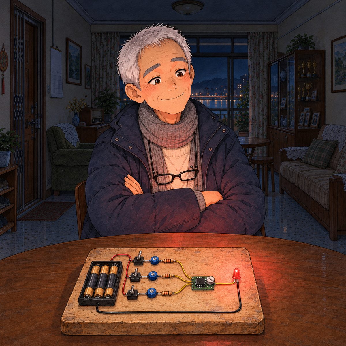 Night, POWER CUT: Grandpa flicks ONLY his own top switch up, and the red LED glows; the other two switches are down. He sits back, arms folded, triumphant and pleased with himself, lit red from below. Dark behind him.