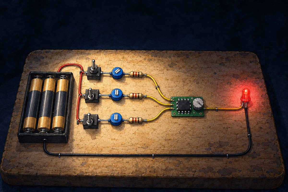 Night, POWER CUT: only the red LED is lit, glowing, and the head torch's glow from above. The board seen low and close: the top switch up, the other two down, the TOP blue knob turned further round than the other two. Nothing else in the panel; the dark above the board is the quiet area for the box.