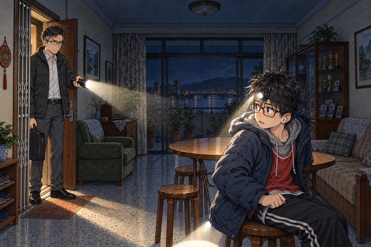 Night, POWER CUT: the beam of a big black rubber torch comes in through Grandpa's open front door at the left, held by Haoran's father, who stands in the doorway, straight from work in his dark padded jacket over a white shirt, a briefcase in his other hand, tired and strict. The beam lands on Haoran in the foreground right, who has turned round from the table, caught, his head torch pointing at the floor. The dark room above is the quiet area.