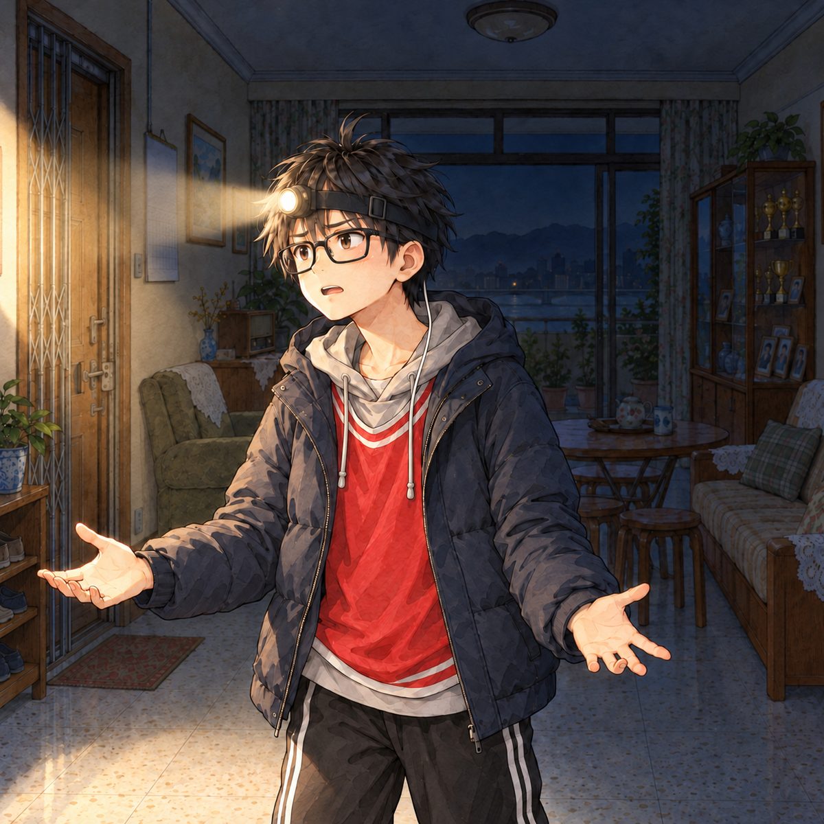 Night, POWER CUT: the big torch beam from the LEFT on him. Haoran looks LEFT towards his father, pleading and a little sulky, hands spread. Dark behind him.