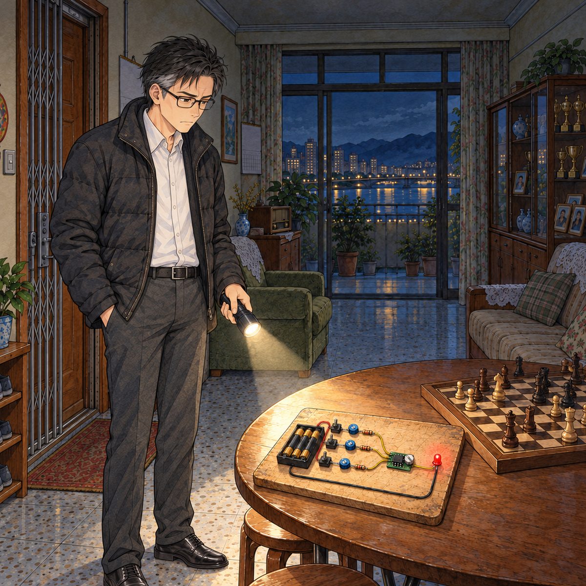 Night, POWER CUT, an ordinary family evening: the children's school science-kit board lies on the round family table in the foreground at the bottom right, beside the chessboard, its one little light glowing like a night light; Haoran's father, a tired office dad in his coat and slippers, stands in the doorway lit only by the spill of his own torch, and looks RIGHT and down at the homework toy on the table, his mouth tight, unimpressed, a strict but ordinary parent. His face in the middle of the panel, NOT in the top quarter. Dark around him.