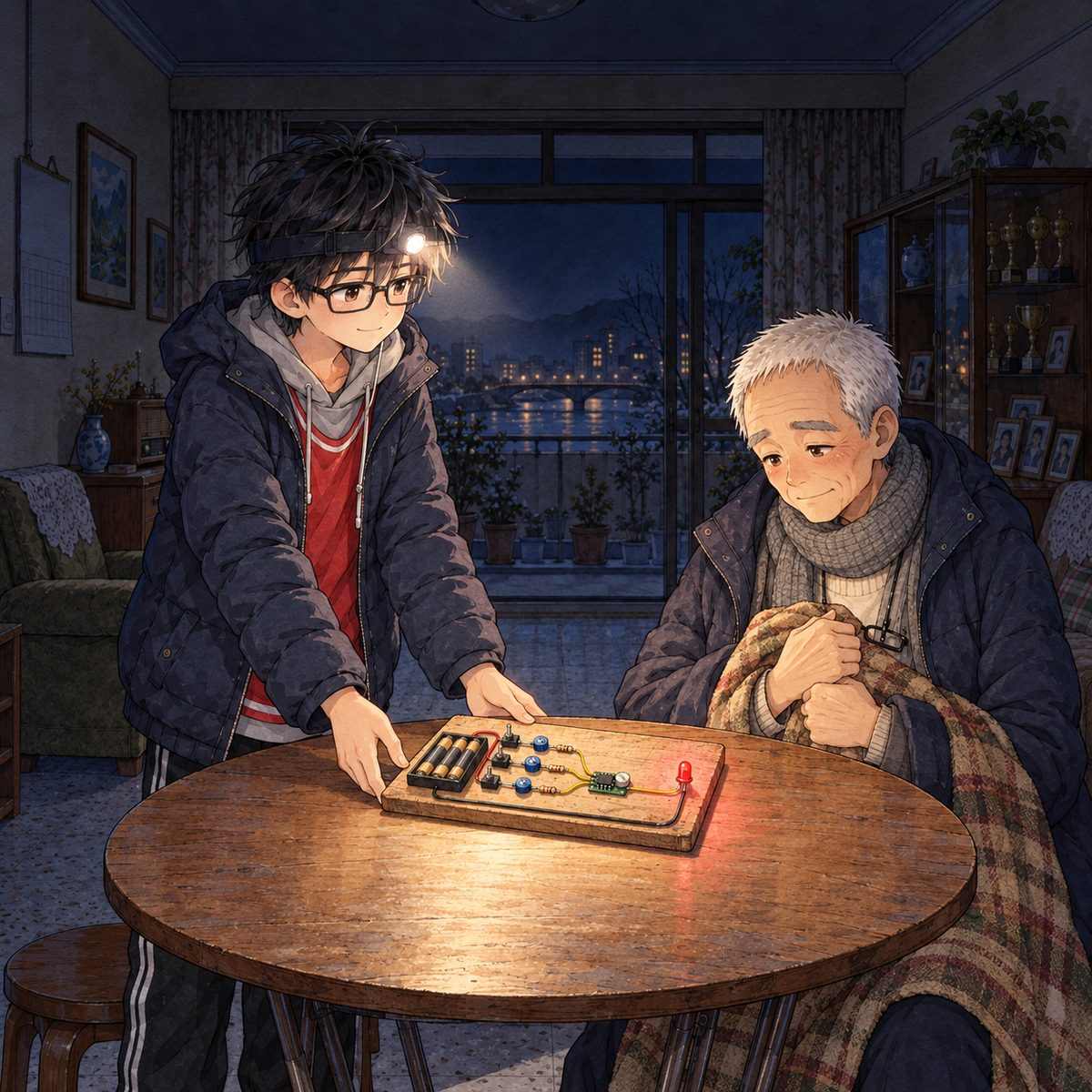 Night, POWER CUT: lit by the red LED and Haoran's head torch. Haoran, about to go, slides the glowing board across the table towards Grandpa with both hands, looking at him; quiet and kind. Grandpa looks down at the little red light, holding the blanket at his chest. The dark above is the quiet area.