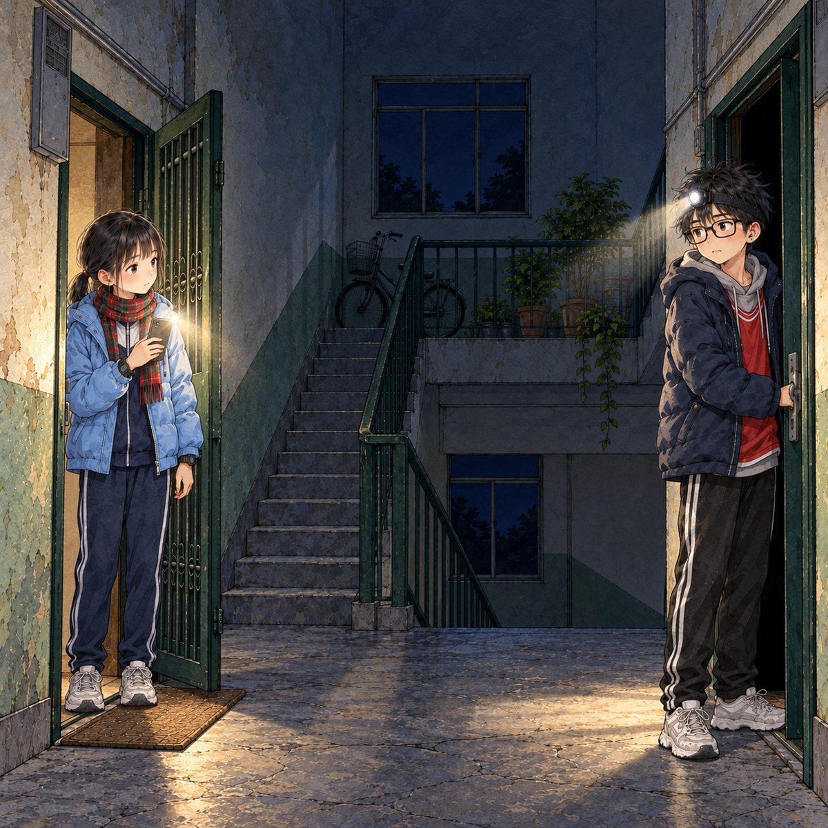Night, POWER CUT: the only lights are Haoran's head torch and Xiaoyu's phone torch. Haoran stops at his own front door on the RIGHT and looks back LEFT at Xiaoyu in Grandpa's doorway; his grin is gone, embarrassed. The open door behind him is black. The dark stairwell above is the quiet area.