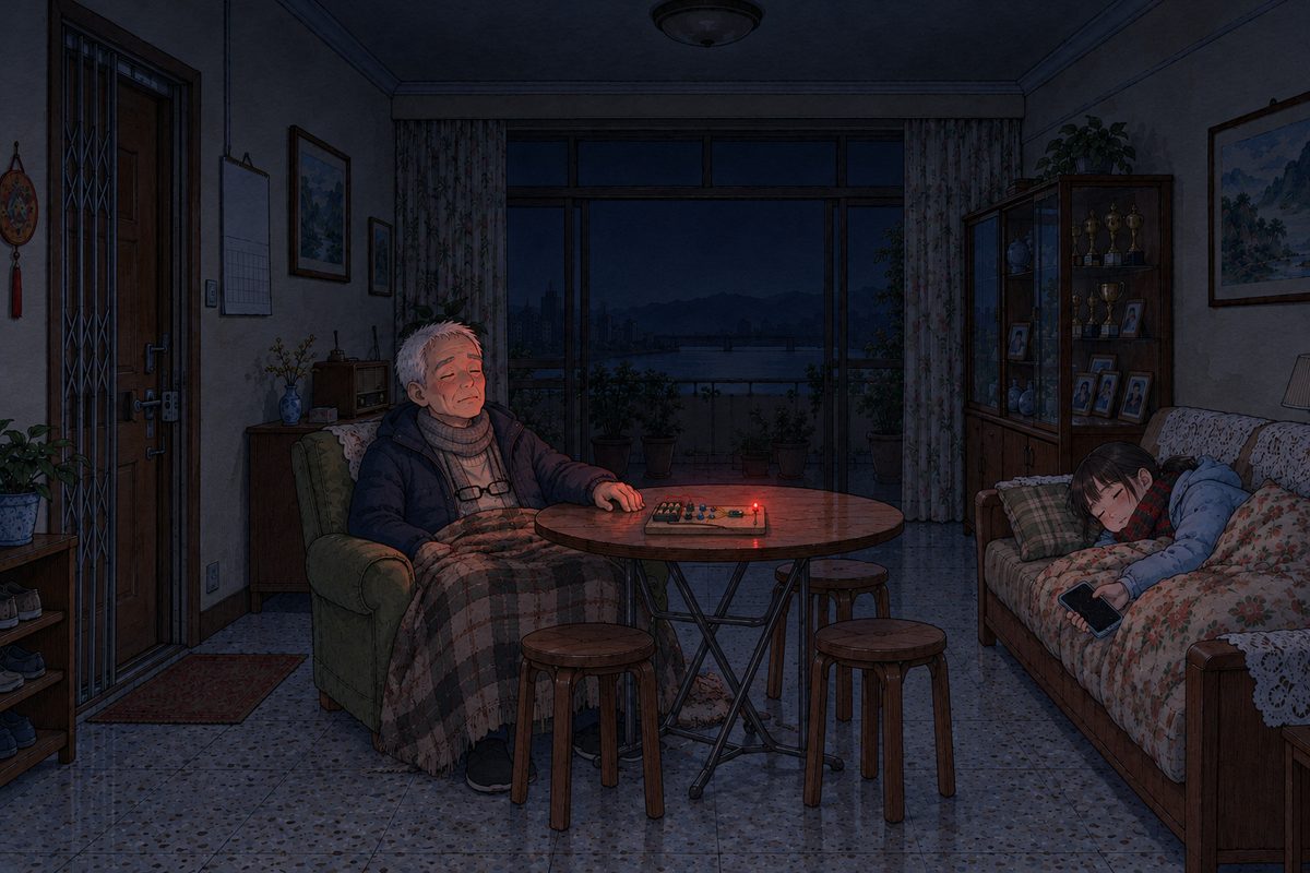 Late at night, POWER CUT: the ONLY light in the whole room is the small red LED on the board, which stands on the round table beside Grandpa. Grandpa sleeps sitting in his armchair pulled up to the table, wrapped in the blanket, one hand resting on the table next to the switches, his face peaceful in the faint red. Xiaoyu sleeps curled on the sofa at the right under a quilt, in her coat, her phone dark and dead in her loose hand. The rest of the room is deep blue-black; the dark above is the quiet area.