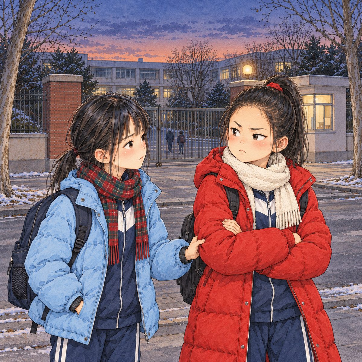 The next day, late afternoon, already dusk at five o'clock; the school has power, the gate lamp and the guard hut window are lit warm yellow (this is not the tower block). Xiaoyu (left) has caught Lili (right) by the sleeve of her red coat at the school gate; both carry school bags. Lili, the same height as Xiaoyu, turns with her arms folded and one eyebrow up, sharp and suspicious. Bare trees behind; the dusk sky above is the quiet area. No other children close; two small figures far off.