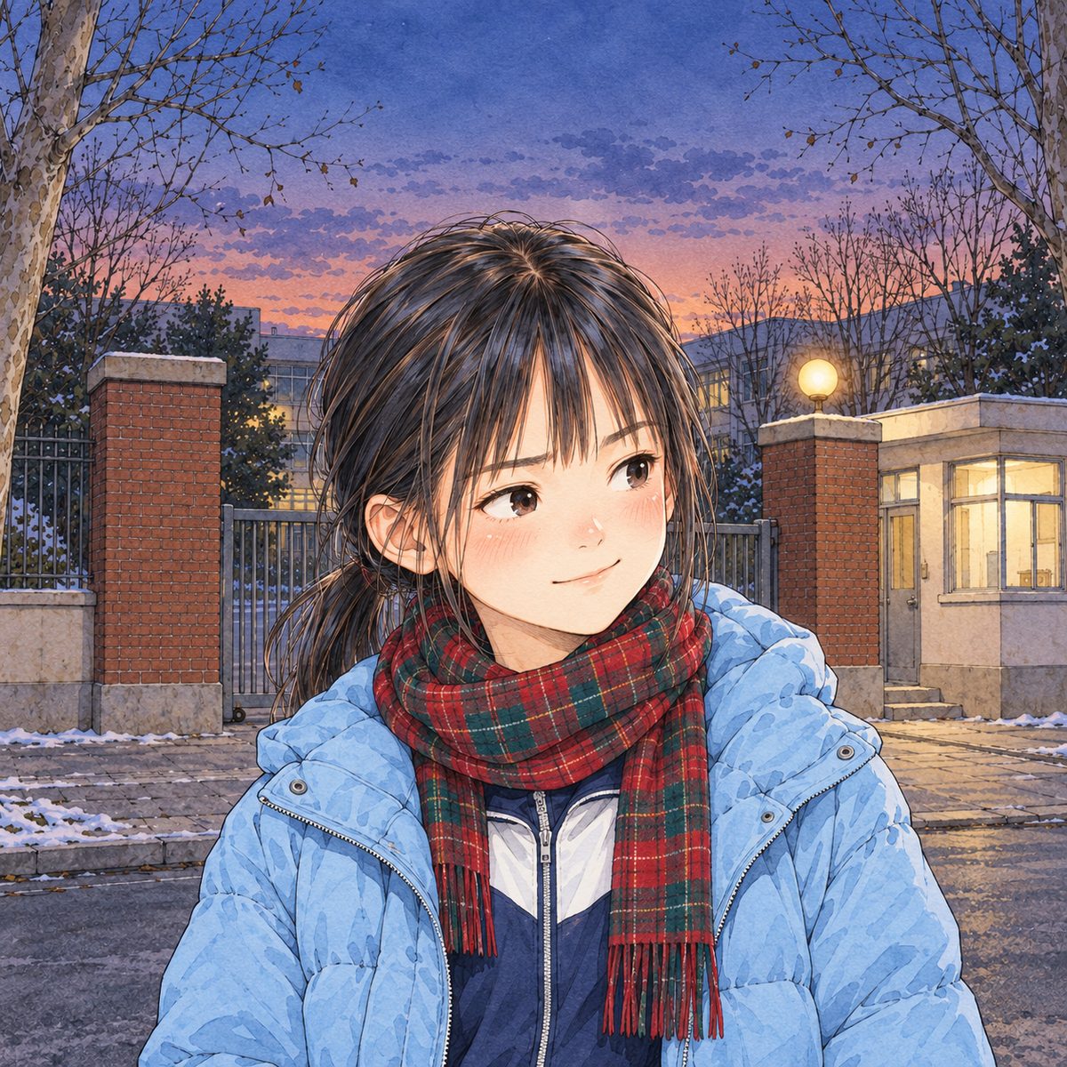Dusk at the school gate, the warm gate lamp behind. Xiaoyu looks RIGHT at Lili, choosing her Chinese carefully, with a small sly gleam: she knows exactly what will work. Her face in the middle of the panel, NOT in the top quarter. Bare trees behind, quiet.