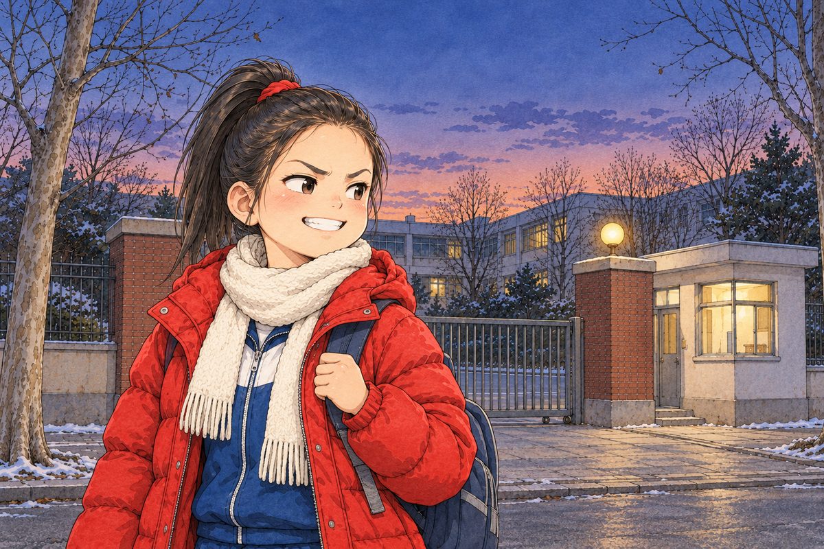 Dusk at the school gate. Lili's suspicious face breaks into a sharp, delighted, competitive grin; she hitches her school bag up her shoulder, ready to go, looking LEFT at Xiaoyu. Her tight high ponytail with its red tie. The dusk sky behind her is the quiet area.