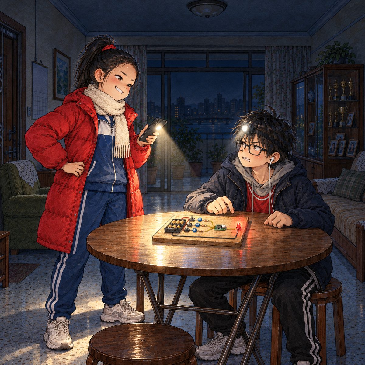 The second night, POWER CUT: the only lights are Lili's phone torch, held in her hand pointing at the table, Haoran's head torch, and the red LED on the board between them. Lili, still in her red coat, stands with her phone in one hand and the other on her hip, looking down at Haoran with a smug grin. Haoran, seated, looks up at her, offended, defensive. The dark above is the quiet area.