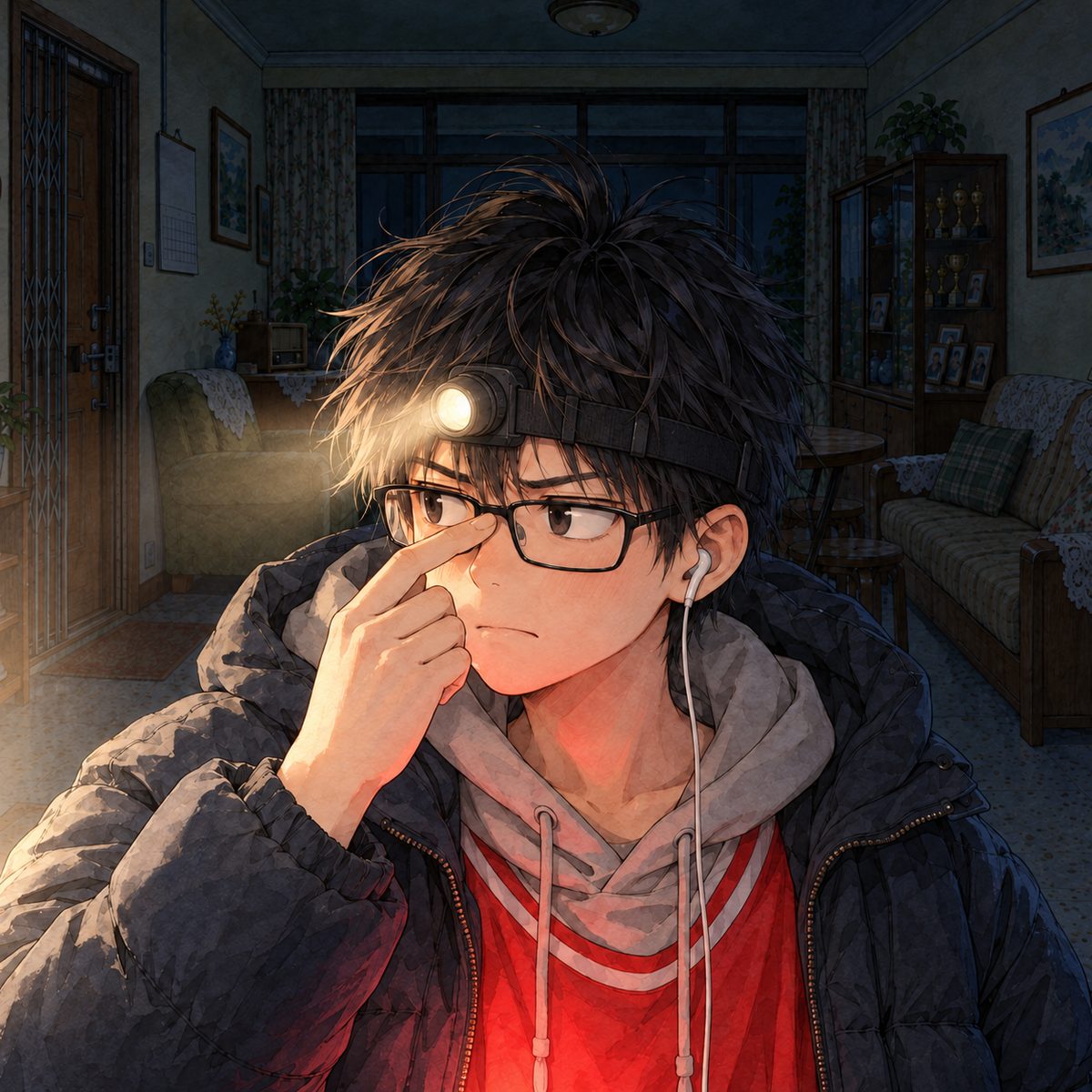 Night, POWER CUT: lit by Lili's phone torch from the LEFT and the red LED from below. Haoran pushes his glasses up his nose, prickly, his pride stung, looking LEFT at her. Dark behind.