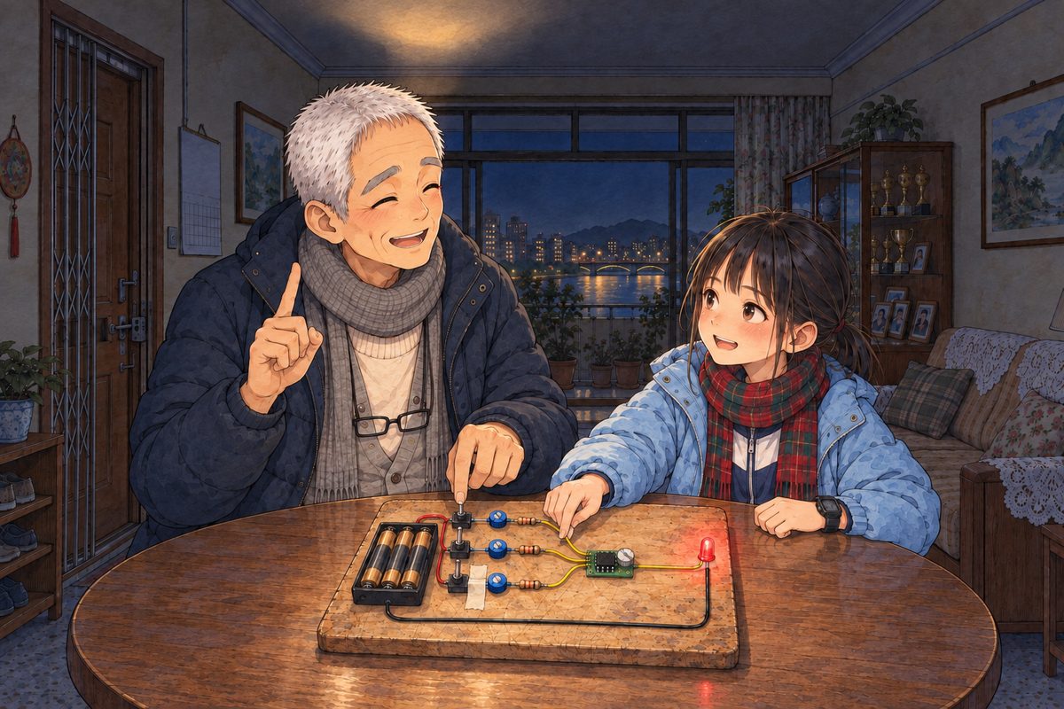 Night, POWER CUT: the only light is the head torch's soft glow off the ceiling and the LED. The board between them; a strip of white tape holds the THIRD (bottom) switch down; Grandpa's hand is on the top switch, Xiaoyu's on the middle one: one switch each. Grandpa, keen and playful, sets the rule like a teacher setting a puzzle, one finger raised. Xiaoyu grins. The dark above is the quiet area.