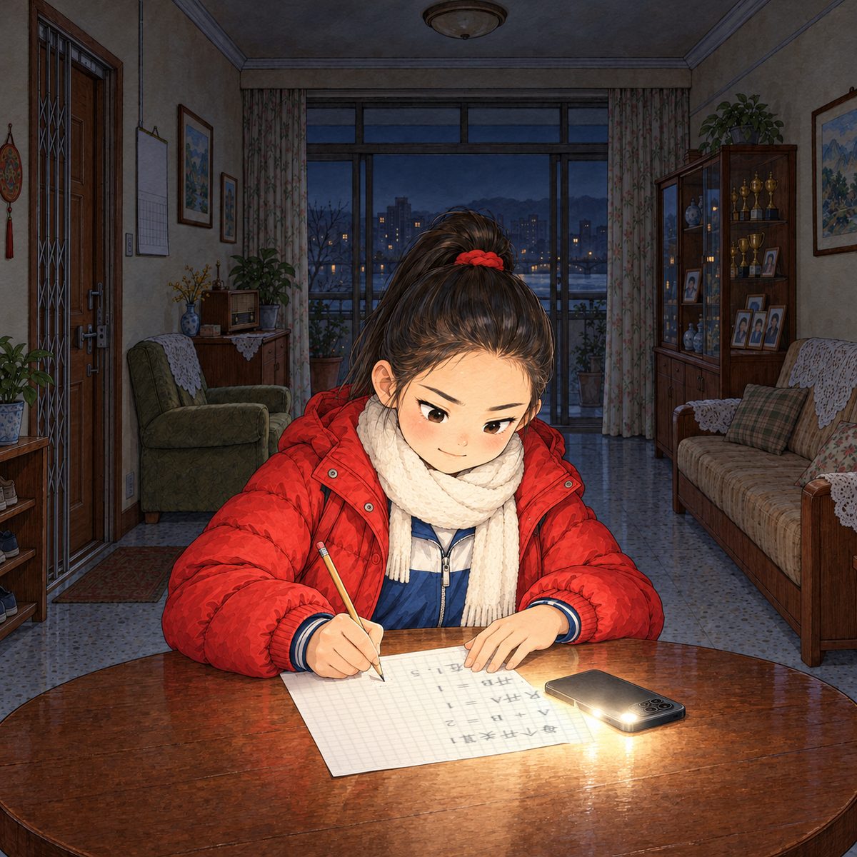 Night, POWER CUT: her phone lies face down on the table with its torch shining up, lighting her sheet and her face. Lili writes fast on a sheet of squared school paper with a pencil, sure and quick, NOT looking up; the sheet shows only pencil scribble, NOT readable. Dark behind her.