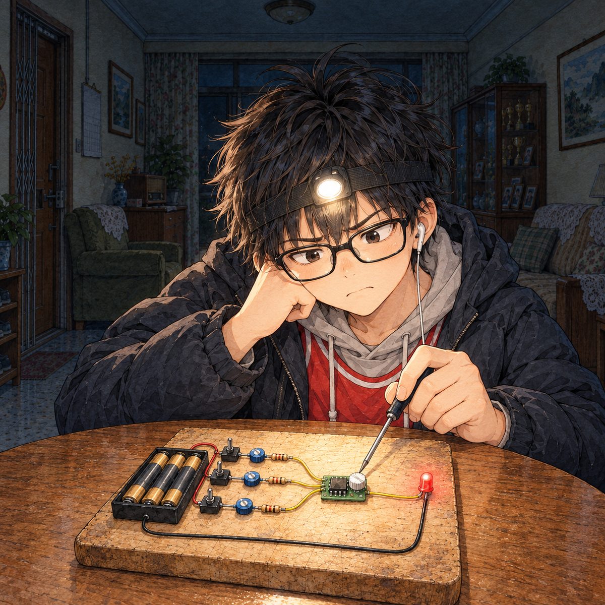 Night, POWER CUT: lit by the LED and his head torch. Haoran stares at the white knob, a tiny screwdriver in his hand, helpless and annoyed, because the knob has no numbers on it at all. Dark behind.