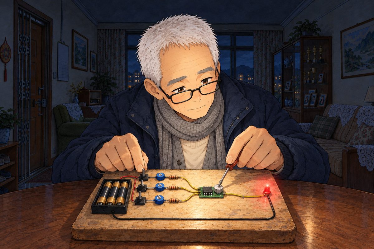 Night, POWER CUT: lit by the head torch's glow and the red LED. Grandpa has taken the tiny screwdriver and gives the white knob a small turn, patient and unhurried, his eyes on the LED. His other hand flicks one switch. Glasses now ON his nose, because he is looking at something small. The dark above is the quiet area.